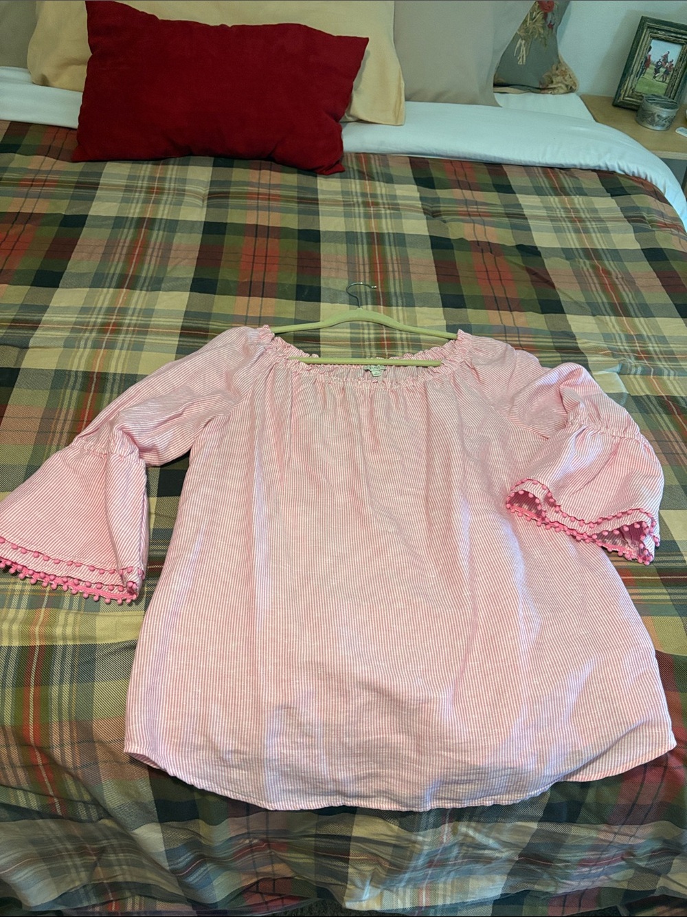 Talbots Girls Light Pink Off-Shoulder Bell Sleeve Blouse with Pom Trim